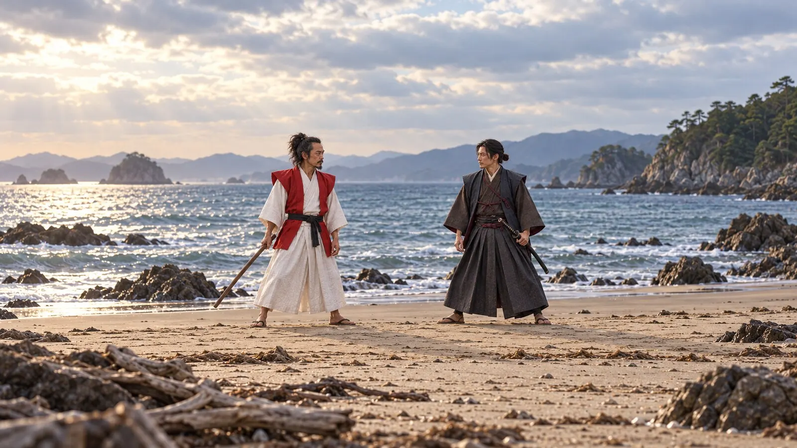 浜辺で向き合う宮本武蔵と佐々木小次郎の想像図(AI生成)。容貌・年齢・装束・立ち位置は史実の復元ではない(AI生成イメージ)