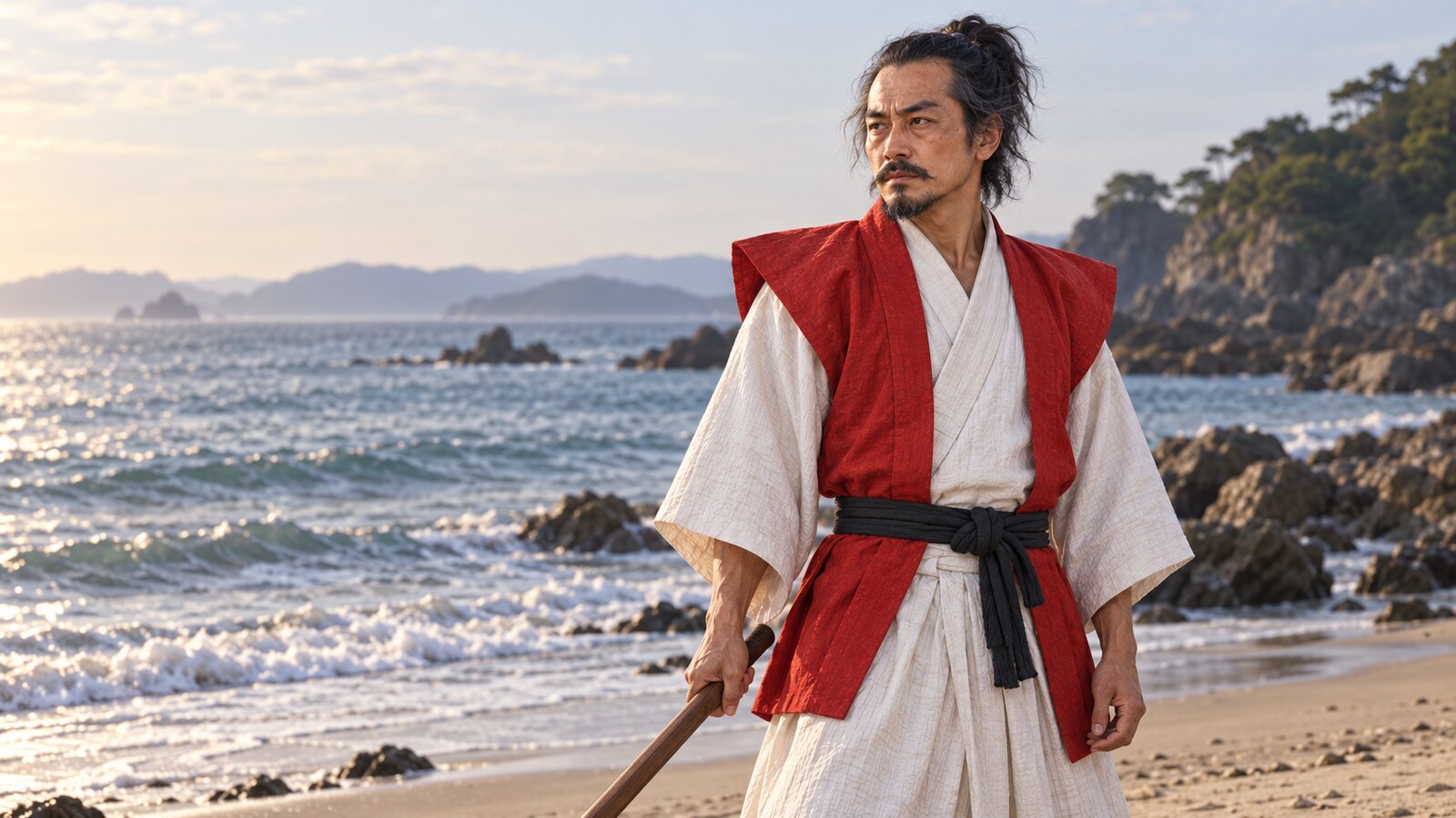 木刀を手にした宮本武蔵の想像図(AI生成)。容貌・年齢・装束を確定するものではない