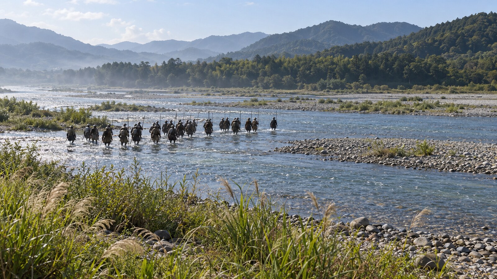 木曽川流域の浅瀬を渡る兵を遠景で描いた想像図。渡河地点や隊列の復元ではない（AI生成イメージ）