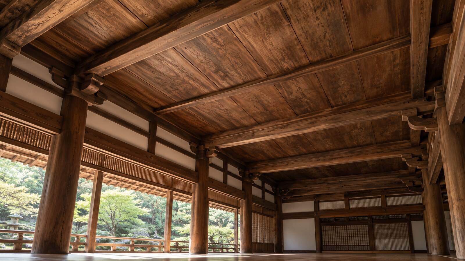 古い板天井を見上げる寺院内部の想像図。崇福寺の実物や血痕を再現したものではない（AI生成イメージ）
