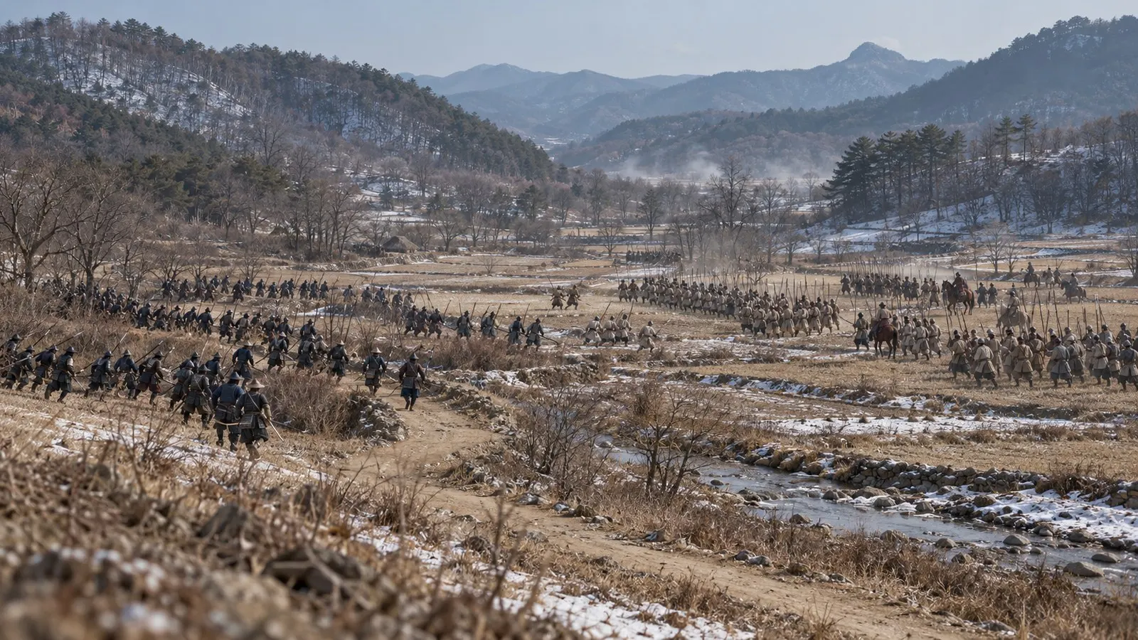 冬の朝鮮で向き合う日本軍と明軍の想像図。実際の陣形・天候を復元したものではない(AI生成イメージ)