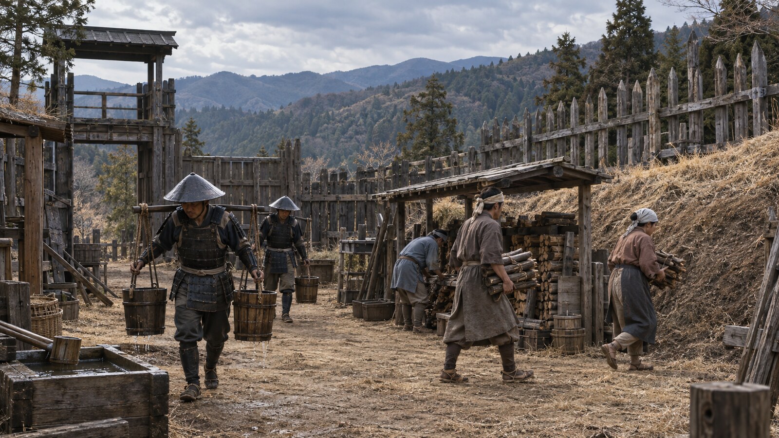 豊後の山城で防戦に備える武士と領民の想像図。鶴賀城の建物配置を復元したものではない（AI生成イメージ）