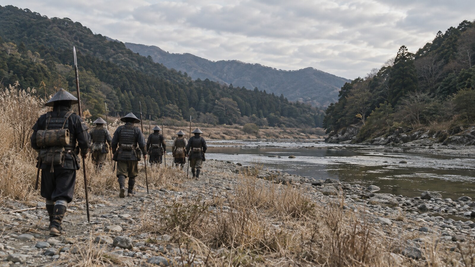 川辺から離れる兵士たちを描いた想像図。特定の武将の退路や人数を復元したものではない（AI生成イメージ）