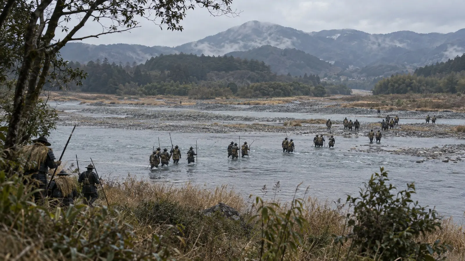 冬の川を渡る戦国時代の軍勢を描いた想像図(当時の地形・布陣の復元ではない)(AI生成イメージ)