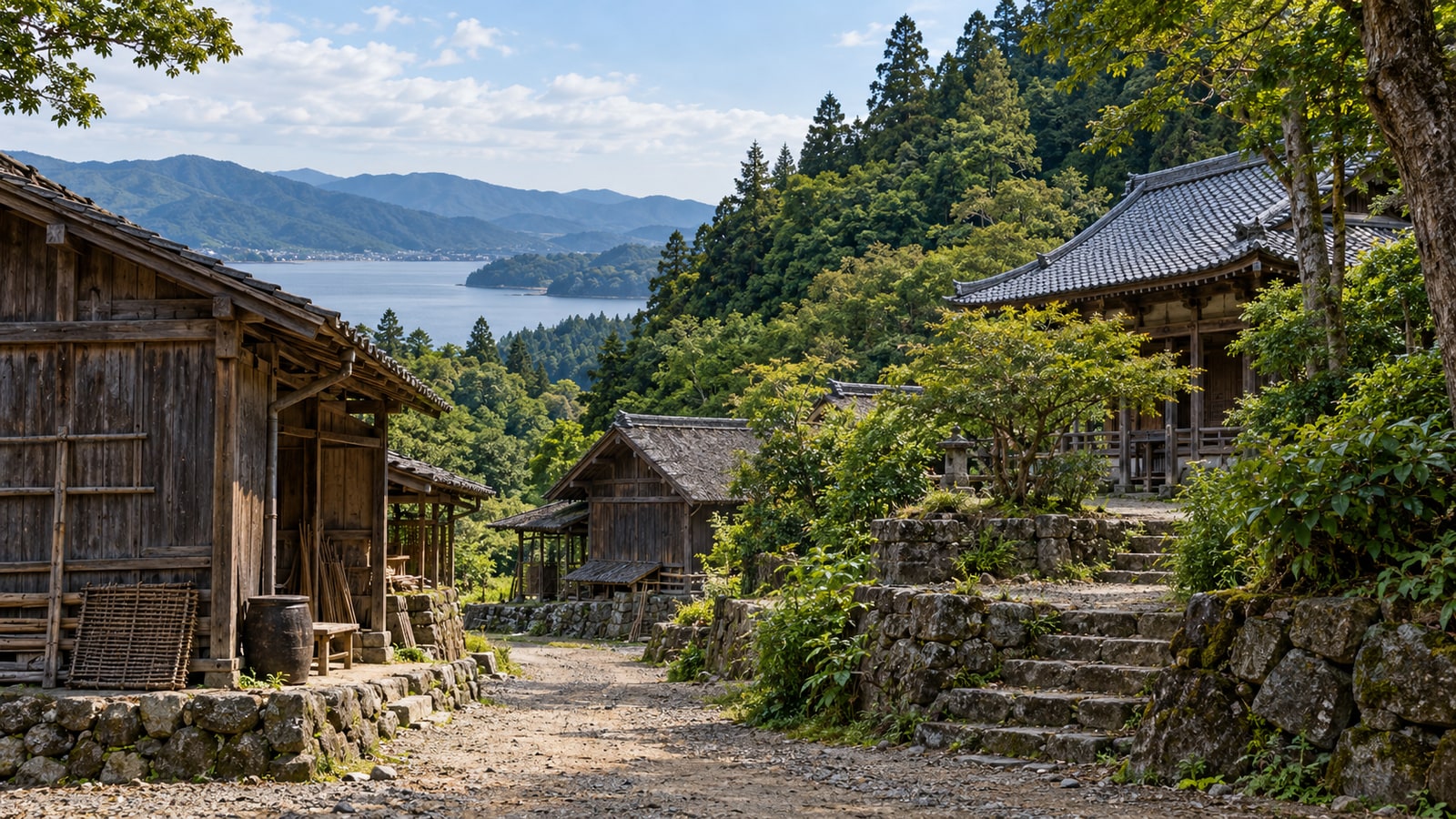 比叡山東麓の寺院と集落、琵琶湖を題材としたAI生成の想像図。建物配置の復元ではない