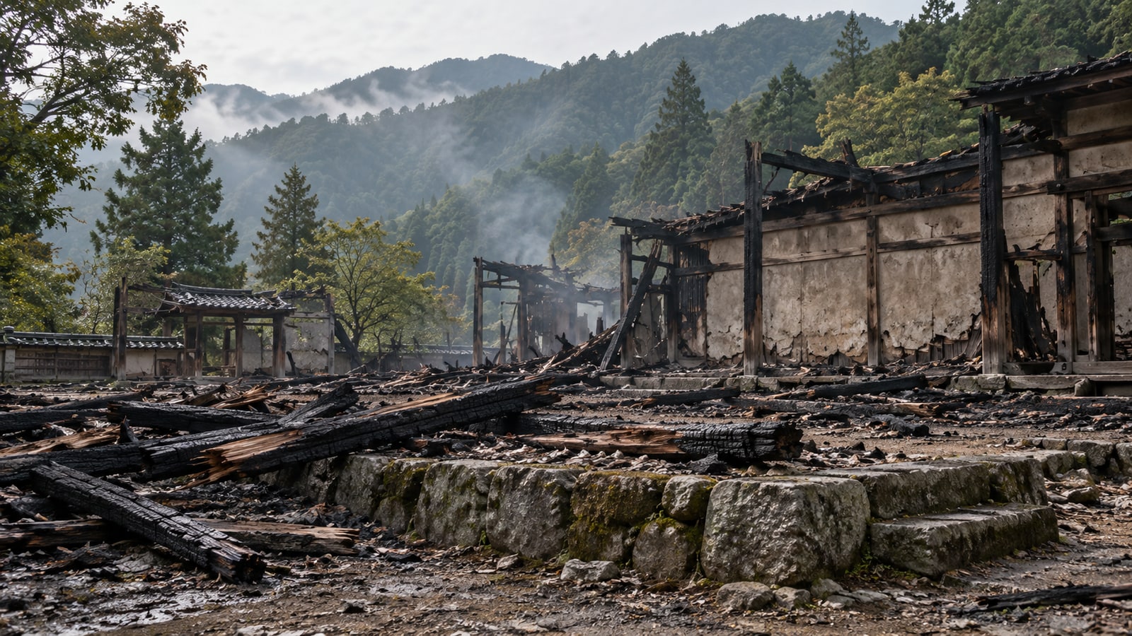 焼失した山寺の建物と木材を題材としたAI生成の想像図。特定遺構の復元ではない