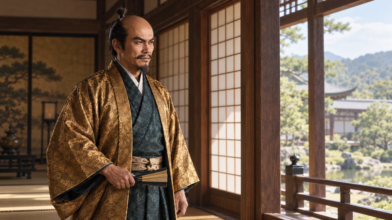 1580年代の秀吉を題材としたAI生成の想像図。延暦寺復興への関与を扱う節の挿画