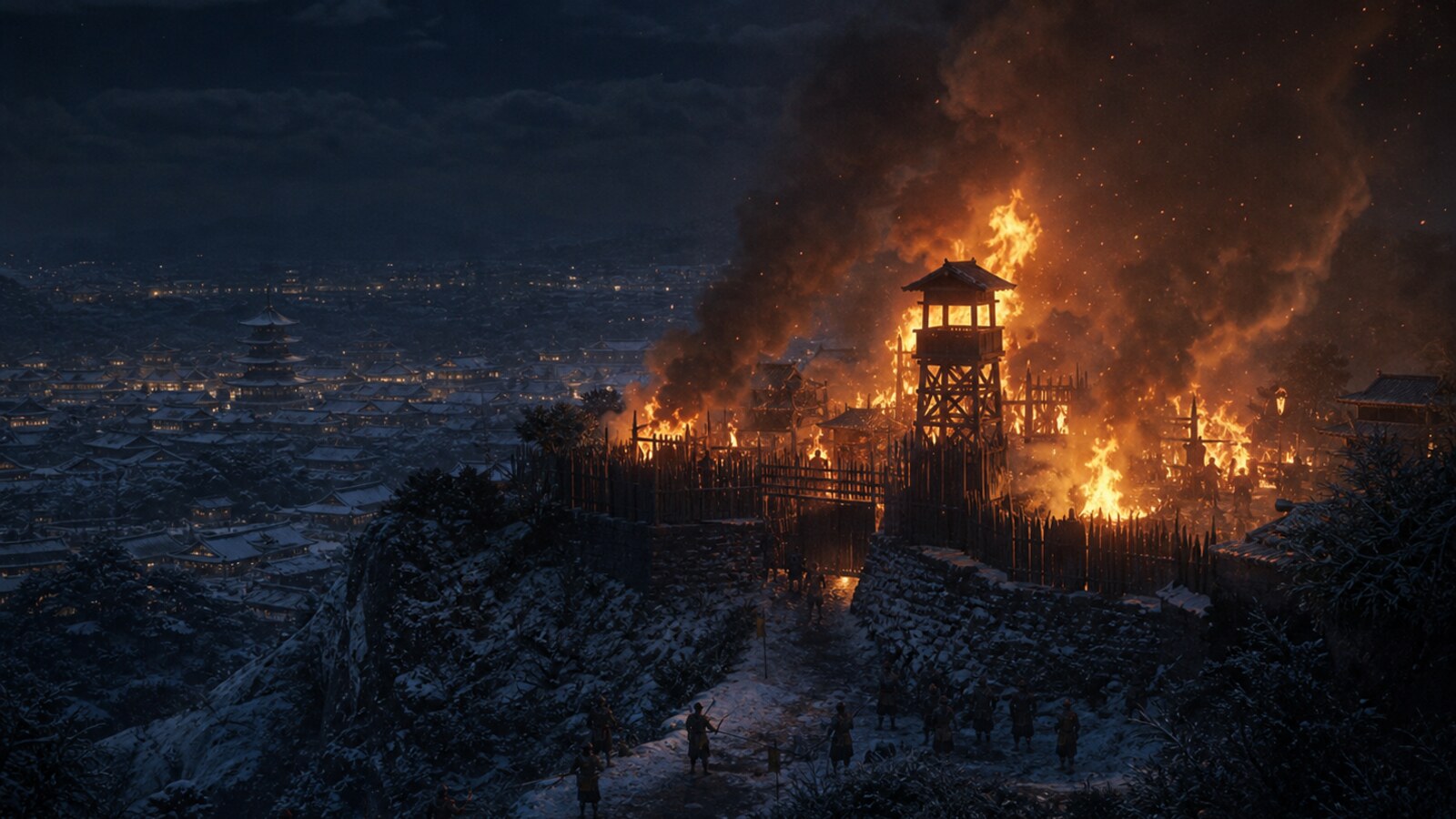 夜の京で将軍地蔵山の営塁が炎上し退路が断たれる情景の実写調イメージ