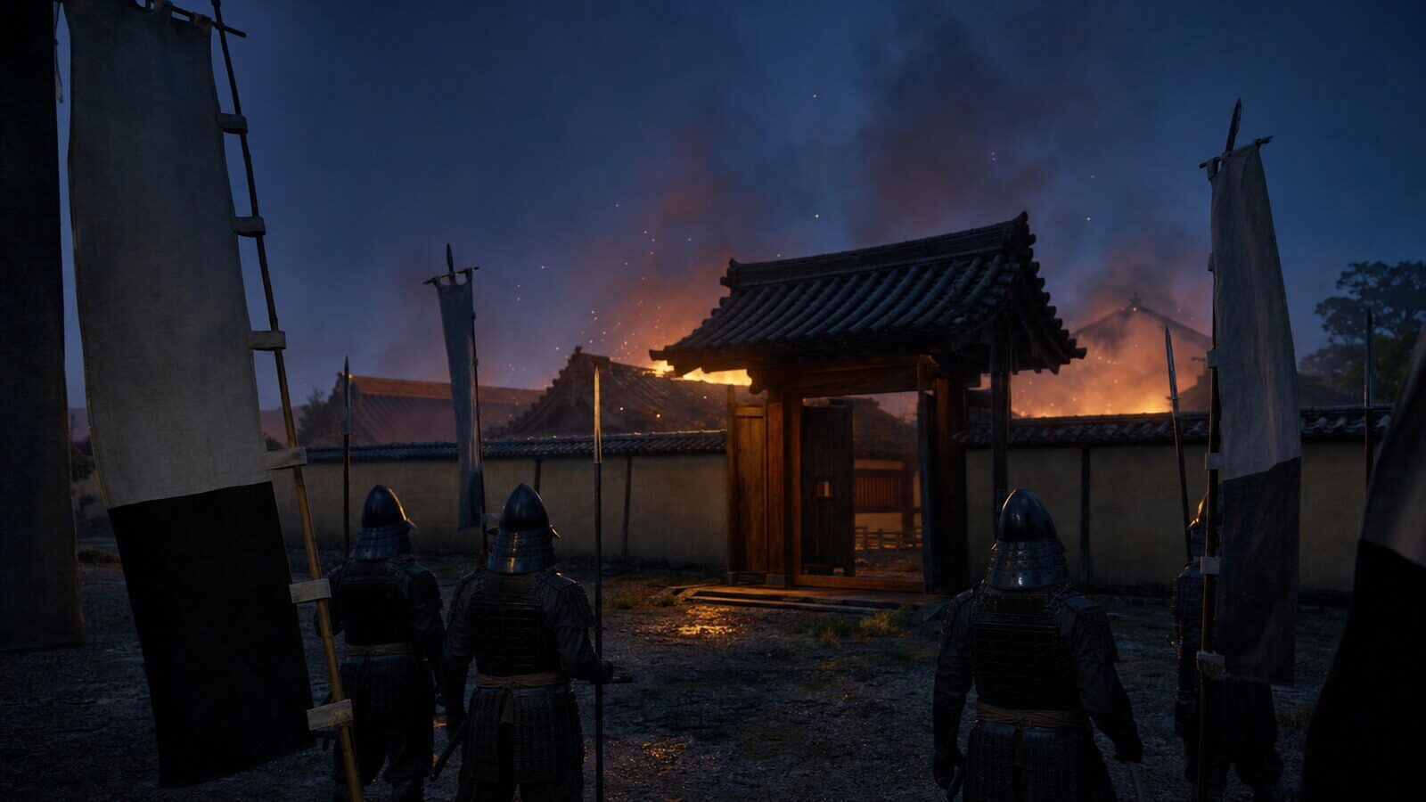 本能寺の炎と土塀越しに見える明智勢の実写調イメージ