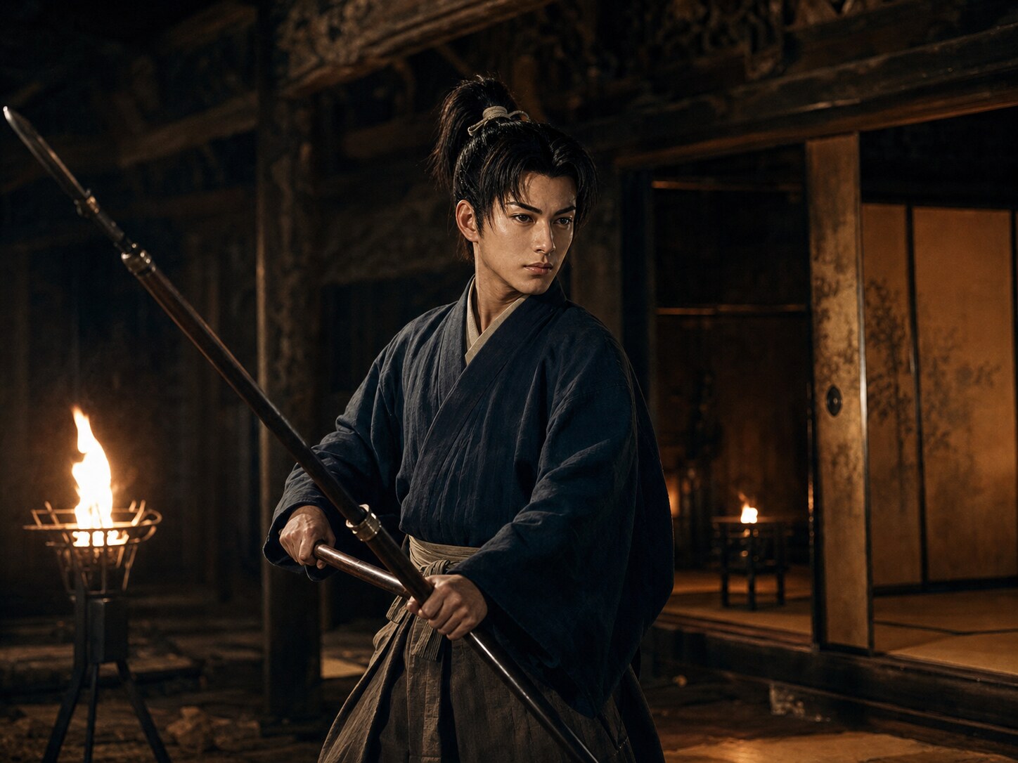 寺内で槍を構える近習・森蘭丸の実写調イメージ（AI生成イメージ）