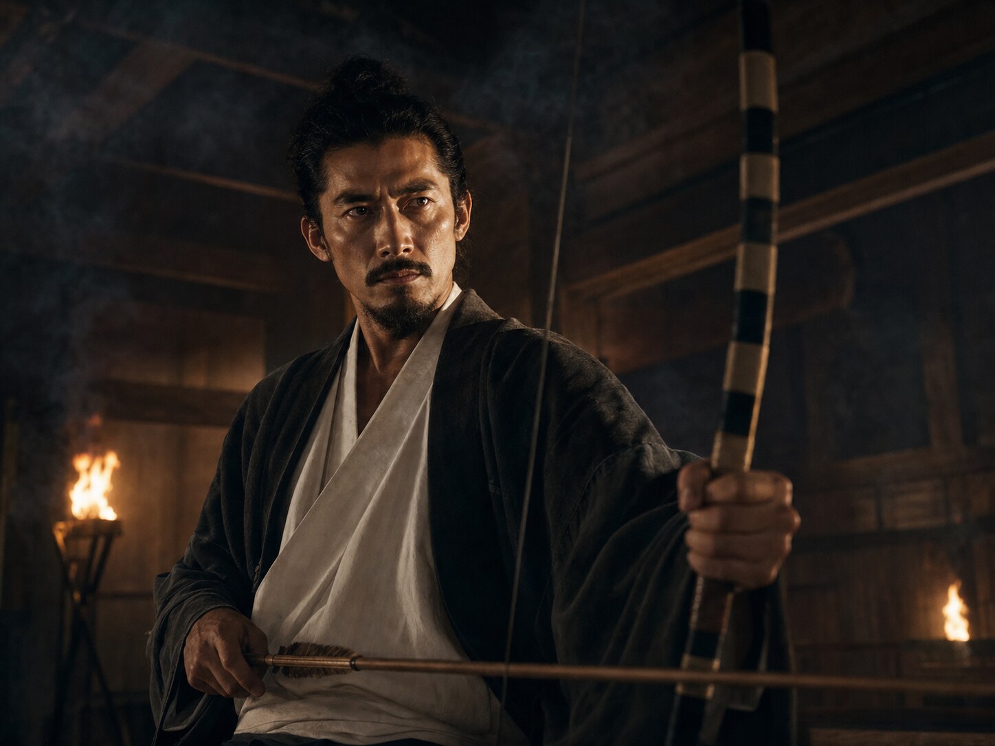 弓に矢をつがえ応戦する織田信長の実写調イメージ（AI生成イメージ）