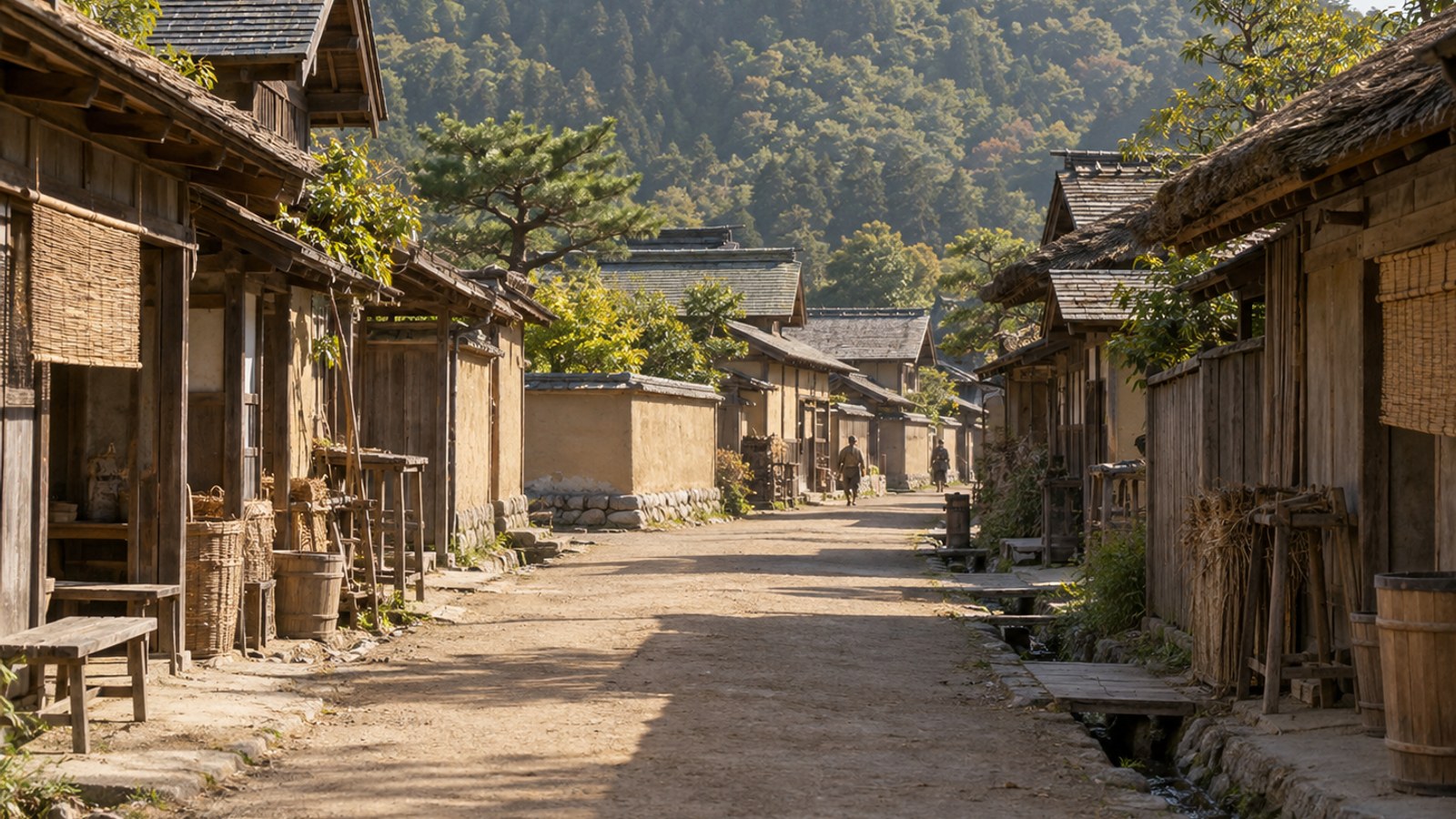一乗谷の町屋と武家屋敷を想像した情景。建物配置の復元図ではない(AI生成イメージ)