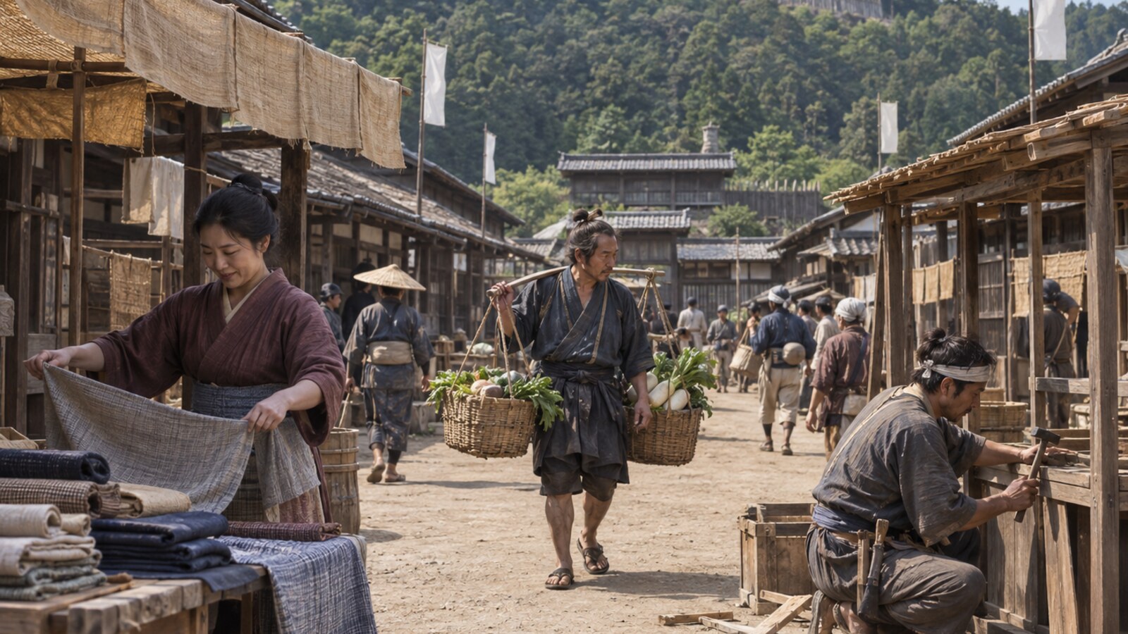 城下で商いと暮らしを再開する人々のイメージ(AI生成、当時の街路を復元したものではない)