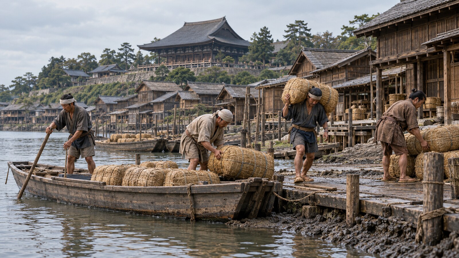 大坂の寺内町の水辺で米俵を陸揚げする人々のAI想像図
