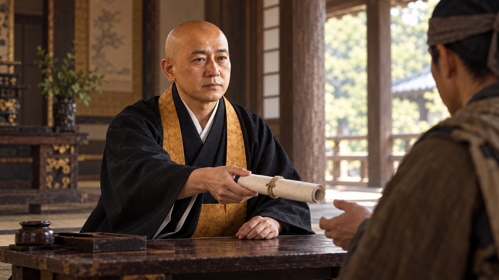 寺の一室で使者に書状を渡す本願寺顕如のAI想像図