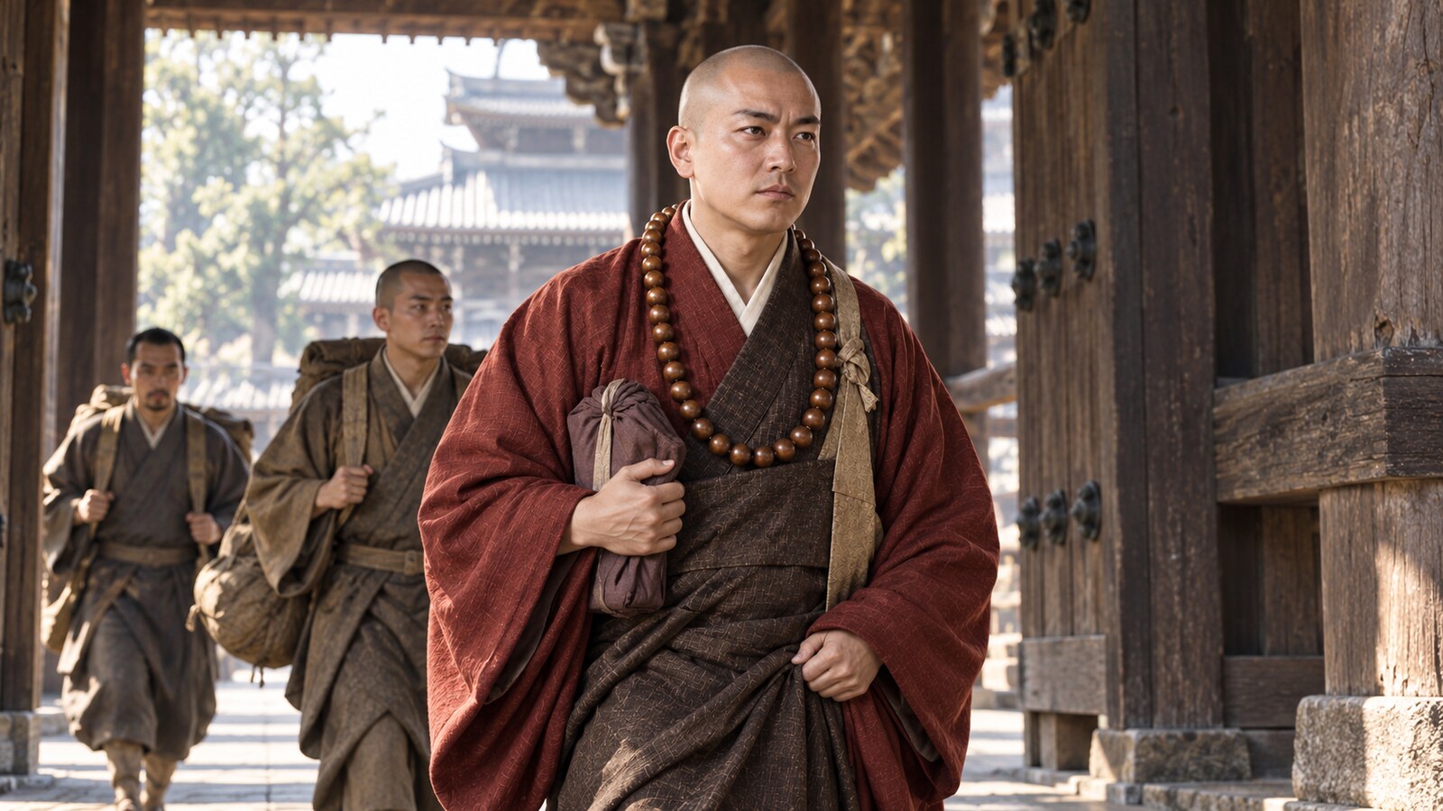 寺の門を離れる青年期の本願寺教如と供の者を描いたAI想像図