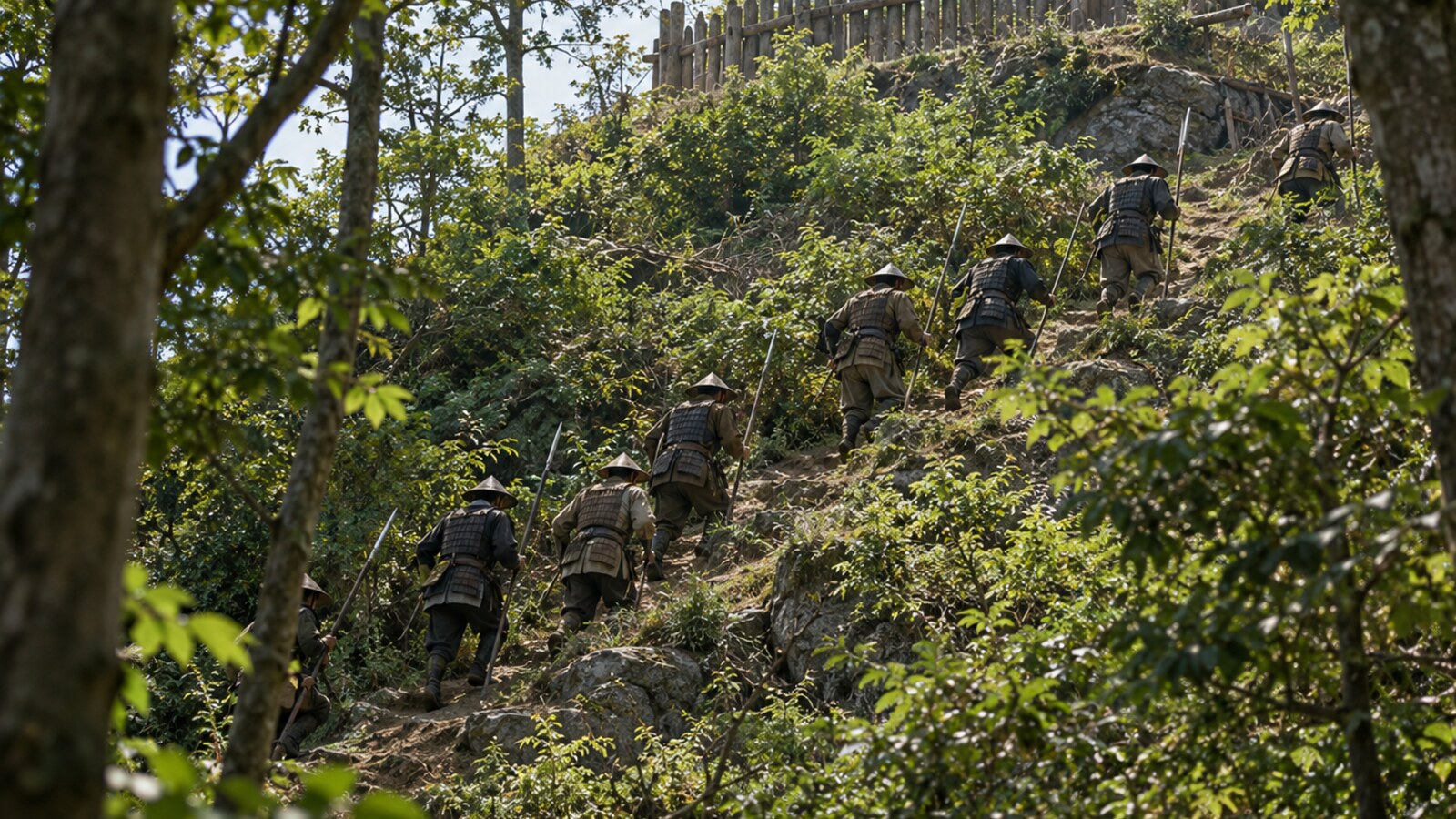 木柵のある山城へ斜面を登る兵たちの想像図。実際の攻撃経路や部隊配置を示すものではない（AI生成）