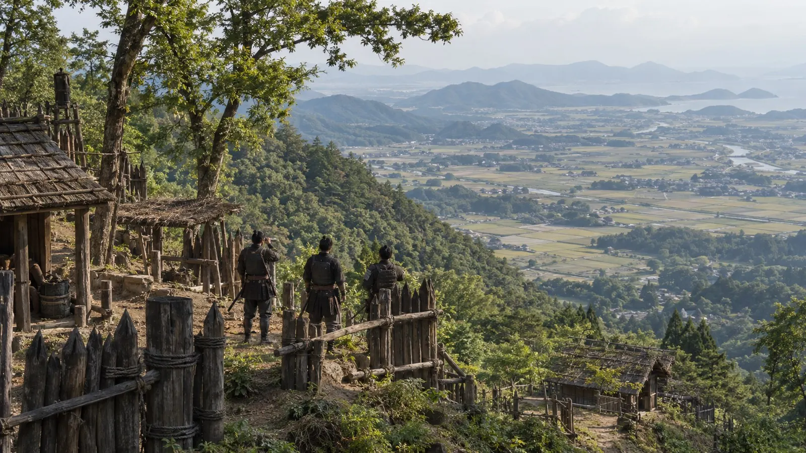 筑前の山城と守備兵を描いた想像図。岩屋城の建物や地形を正確に復元したものではない（AI生成イメージ）