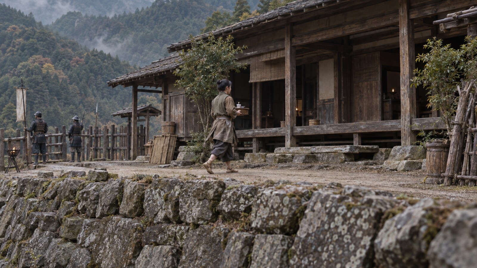 石垣を備えた山上の居住空間と人々のイメージ(AI生成、観音寺城の建物配置を復元したものではない)