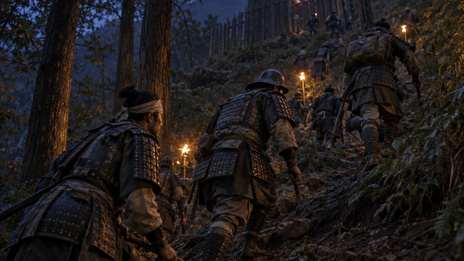 夕暮れの山道を進み木柵へ迫る兵のイメージ(AI生成、箕作城の攻撃路や戦法の復元ではない)