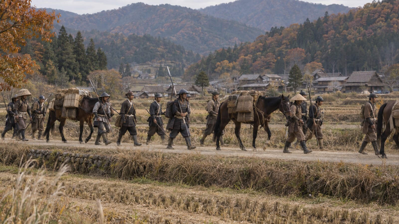 近江から先へ進む兵と荷駄のイメージ(AI生成、上洛軍の特定の通過地点を復元したものではない)