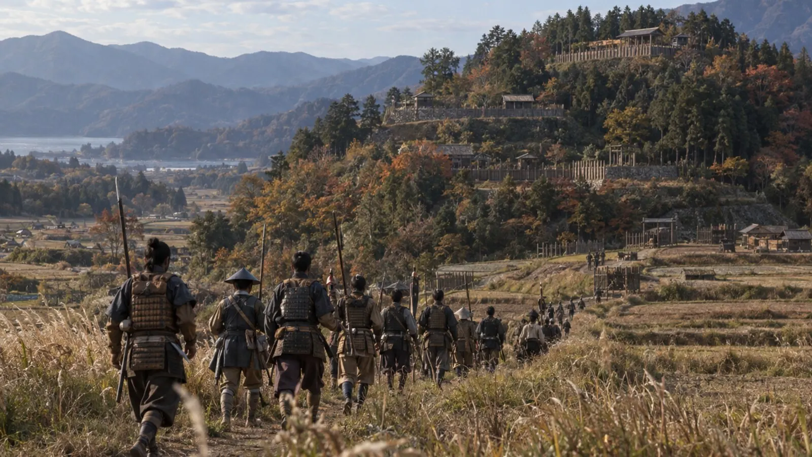 近江の山城へ進む軍勢のイメージ(AI生成、城郭の復元図ではない)(AI生成イメージ)