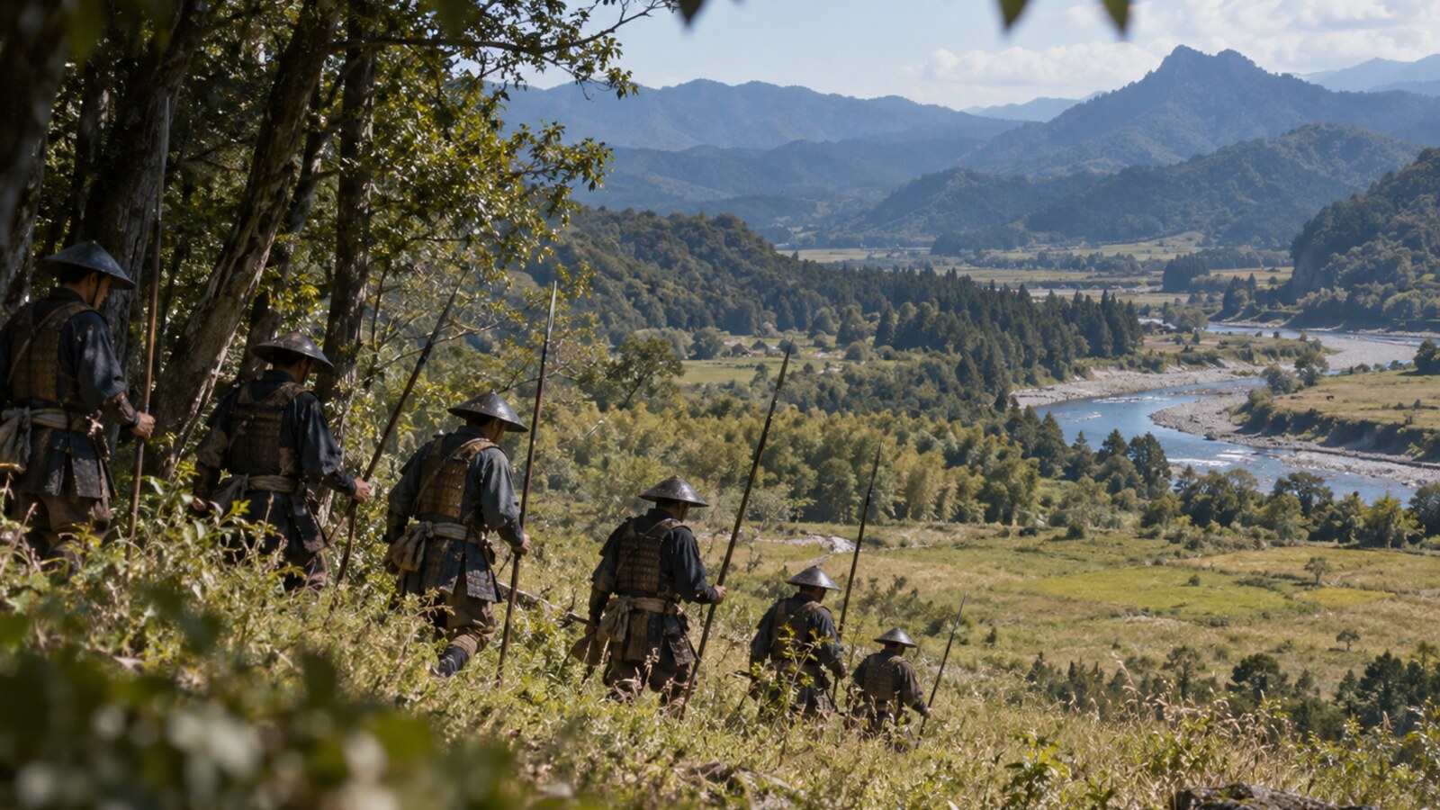 林の陰から開けた場所へ進む島津方の兵を題材としたAI生成イメージ。伏兵位置の再現ではない