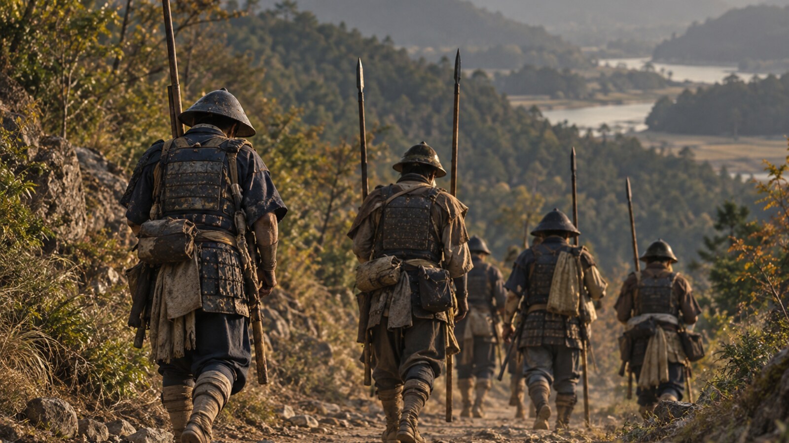 木崎原から退く伊東方の兵を題材に、山道を遠ざかる後ろ姿を描いたAI生成イメージ