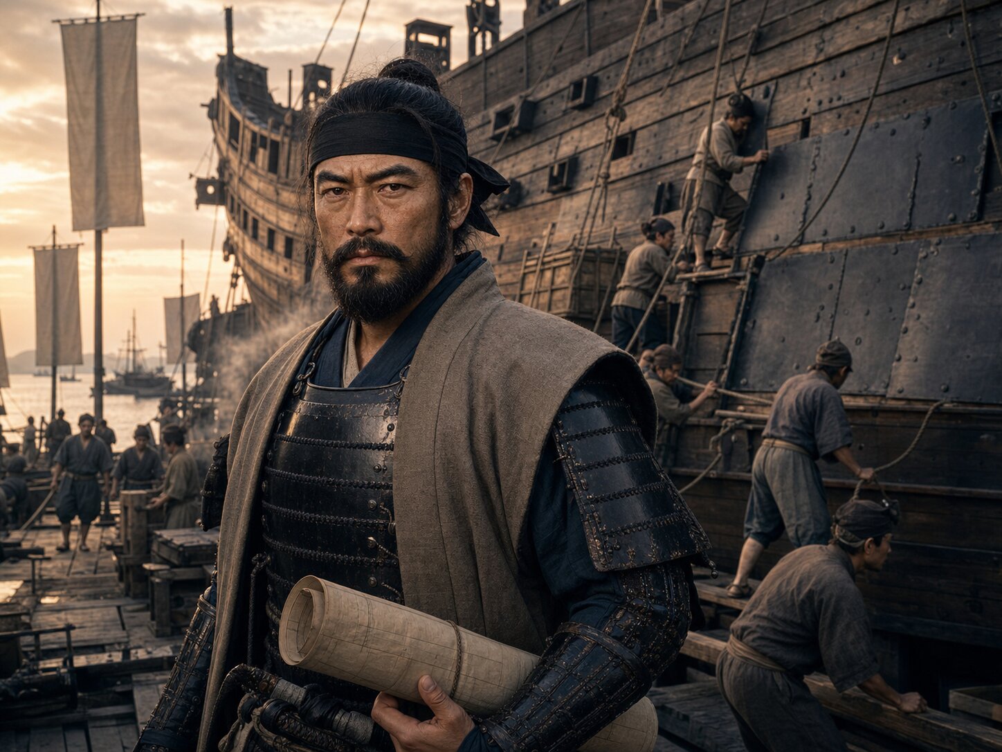 伊勢志摩で鉄甲船の艤装を差配する織田水軍司令・九鬼嘉隆の実写調イメージ（AI生成イメージ）