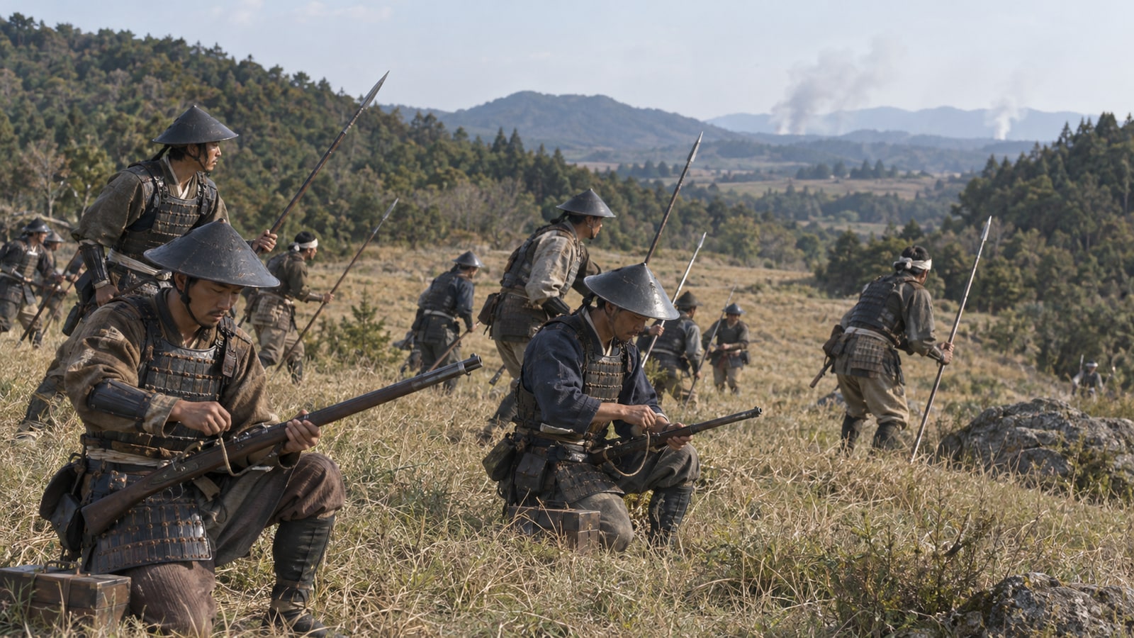 長久手の野戦を題材に、槍と鉄砲を備える兵を描いたイメージ（AI生成イメージ）