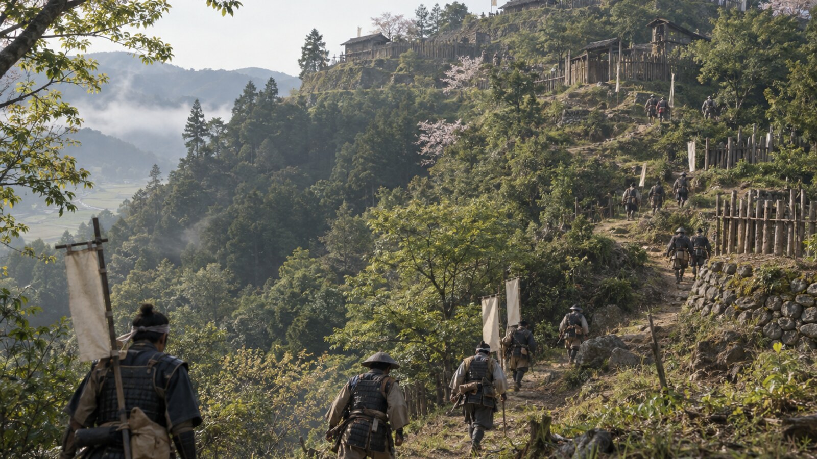 北部九州の山城へ進む軍勢を描いた想像場面。岩石城の正確な復元図ではない（AI生成イメージ）