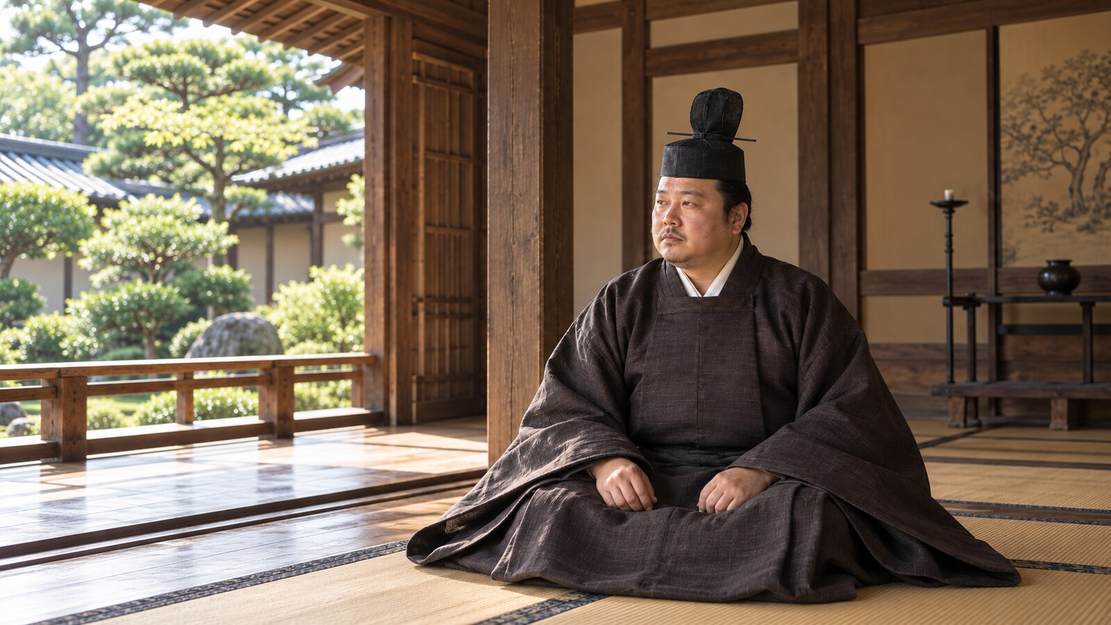 槇島の居所で外を見つめる足利義昭のAIによる想像図