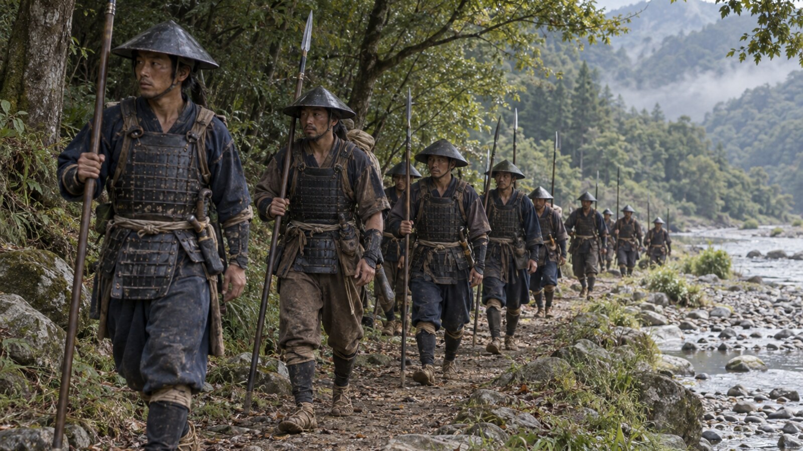 川辺へ進む兵の隊列を描いた想像図（AI生成、渡河点や軍勢の規模を再現したものではない）