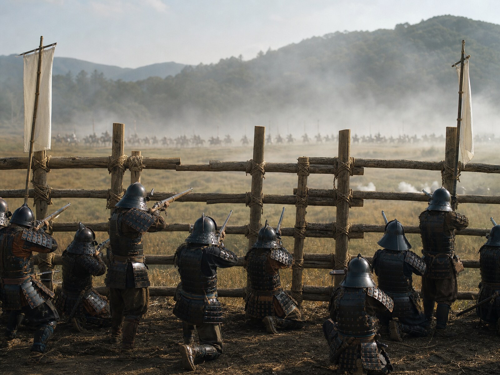 三重の馬防柵の背後から一列に構える鉄砲衆と、遠く霧の平野に停止する武田騎馬の実写調イメージ（AI生成イメージ）