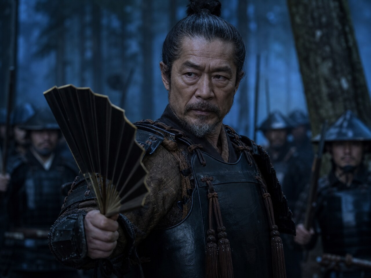 夜明け前の暁光の森で軍配を手に急襲を控える、徳川方の宿将・酒井忠次の実写調イメージ（AI生成イメージ）