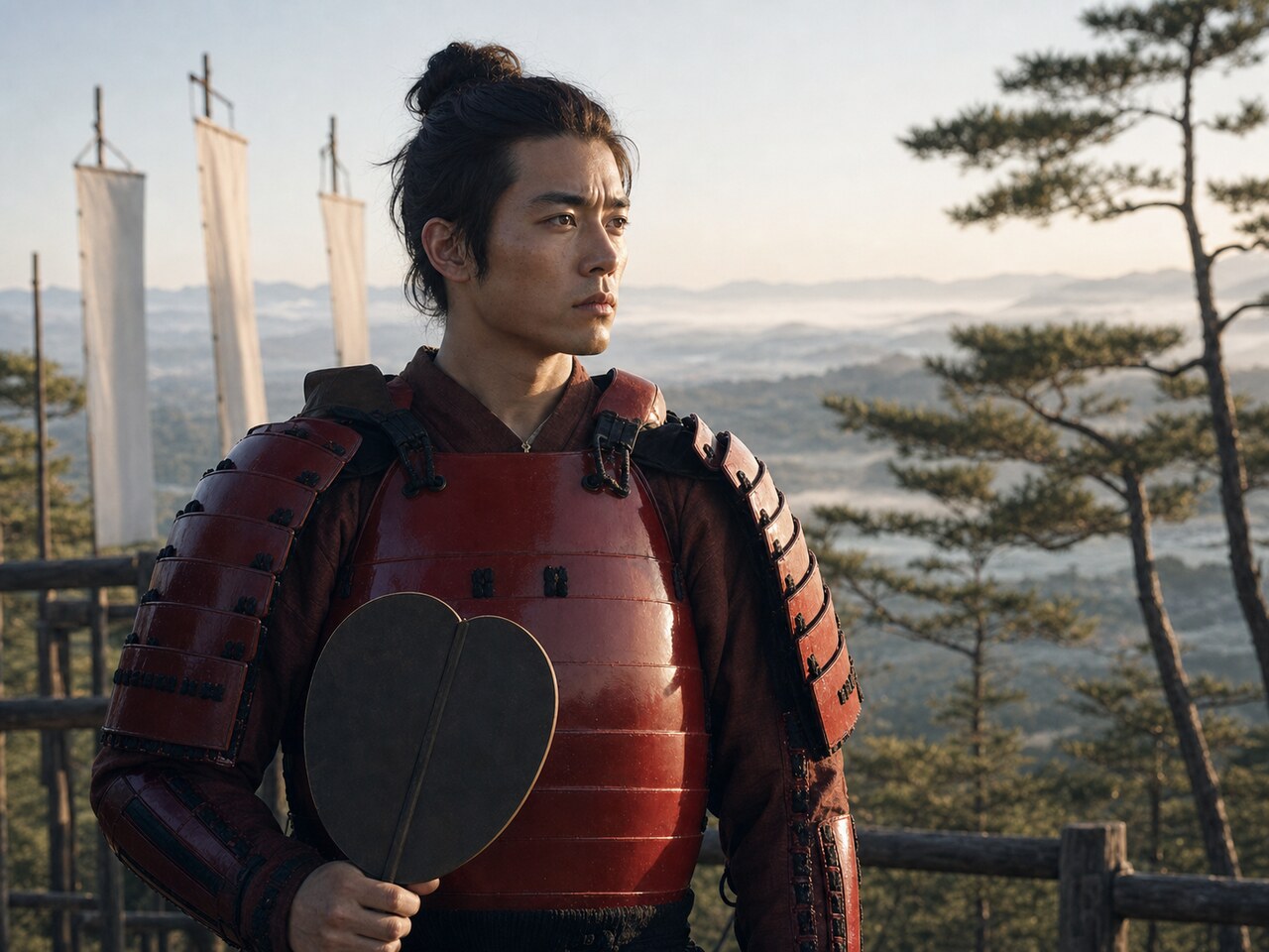 医王寺山の高みから設楽原の霧の谷を見下ろす、二十九歳の武田勝頼の実写調イメージ（AI生成イメージ）