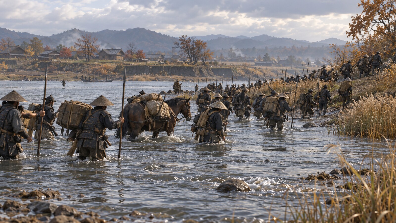 川の浅瀬を渡って退く織田方の軍勢を描いた想像図（AI生成イメージ）