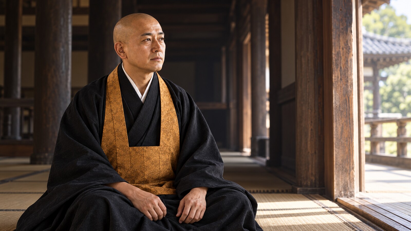 大坂本願寺の堂内で思案する若い顕如の想像図（AI生成イメージ）