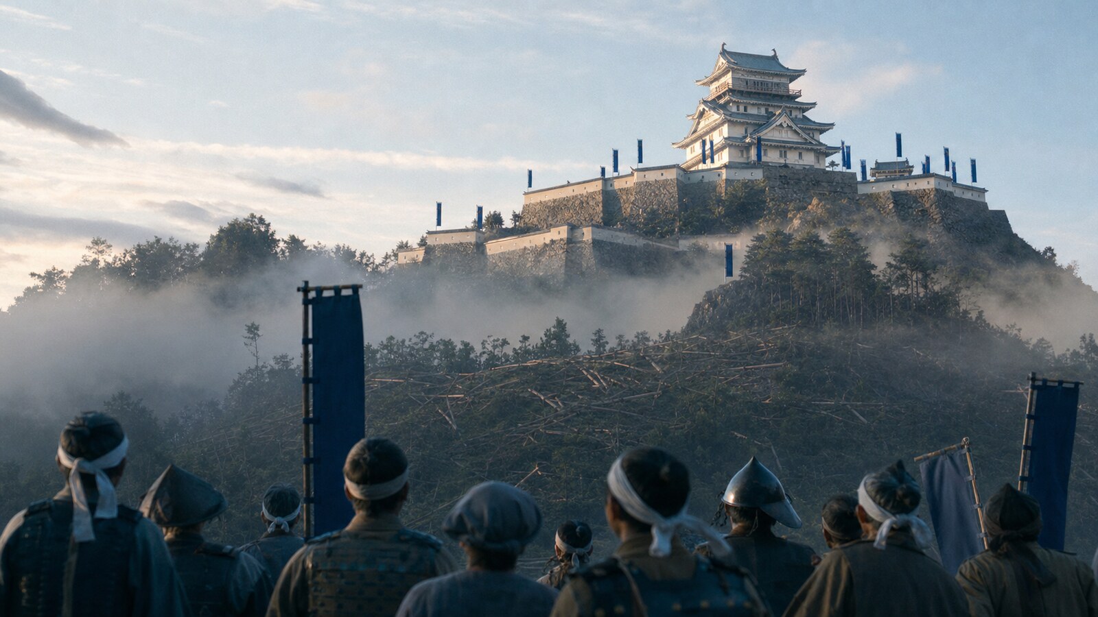 石垣山に短期で築かれた一夜城の威容と眼下の小田原城を望む情景。実写調