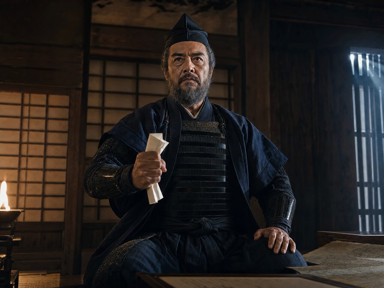 名胡桃事件の報を受け、籠城か上洛かを決断する場面の北条氏政のイメージ。実写調
