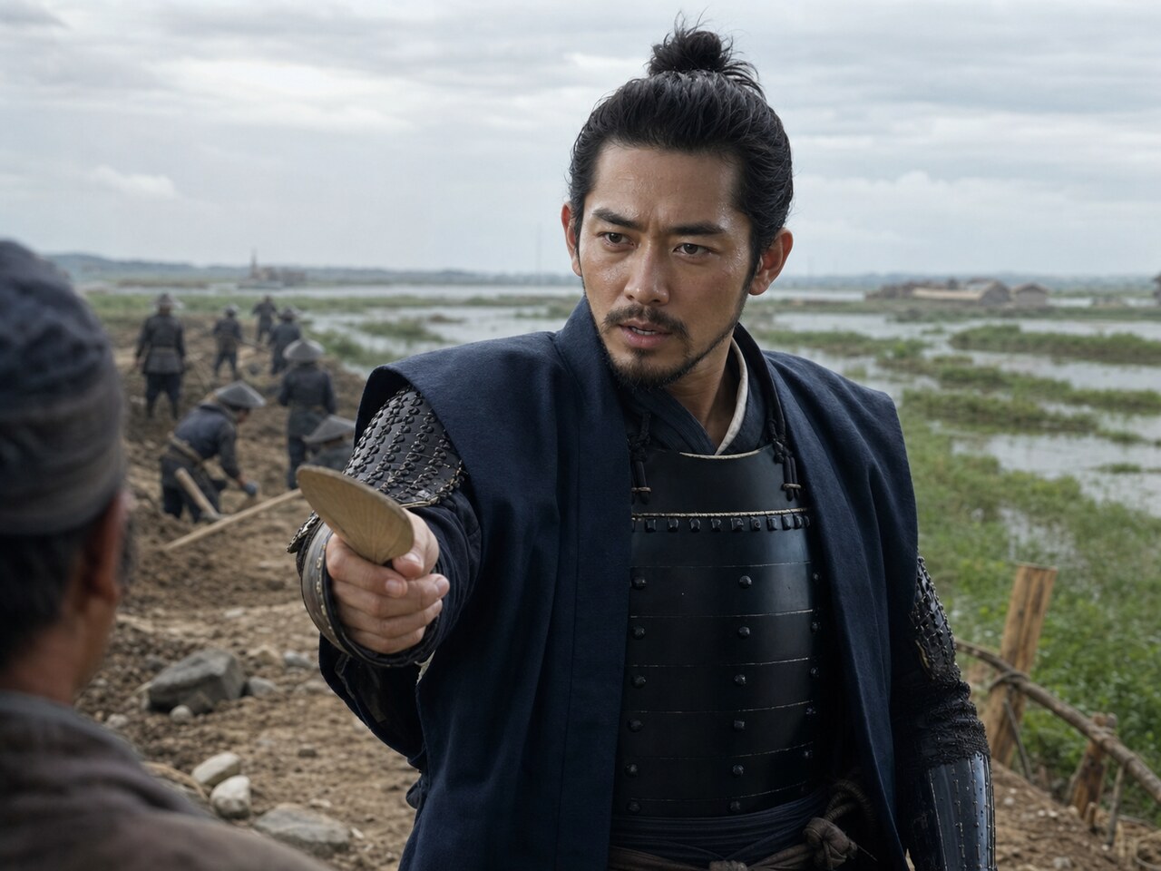 忍城水攻めの陣中で采配を振るう石田三成のイメージ。実写調
