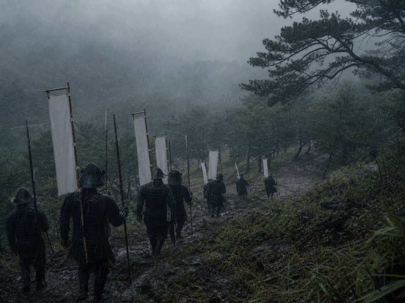 豪雨に煙る桶狭間山の斜面を、白旗を掲げた織田勢の後ろ姿が黙々と登っていく実写調イメージ（AI生成イメージ）