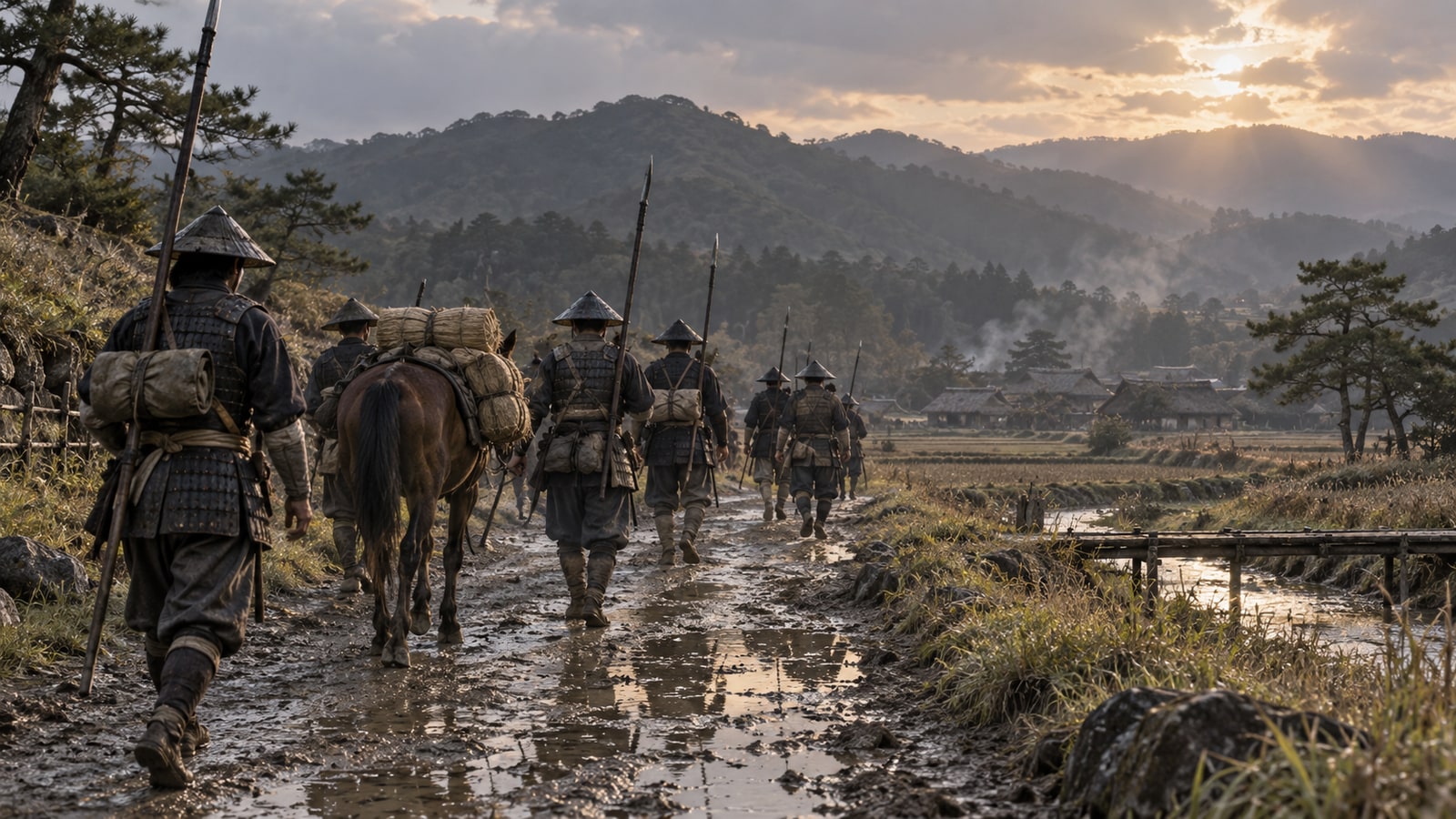 戦いの後、荷物とともに街道を離れる軍勢を描いた想像図。特定部隊の退路を復元したものではない（AI生成イメージ）