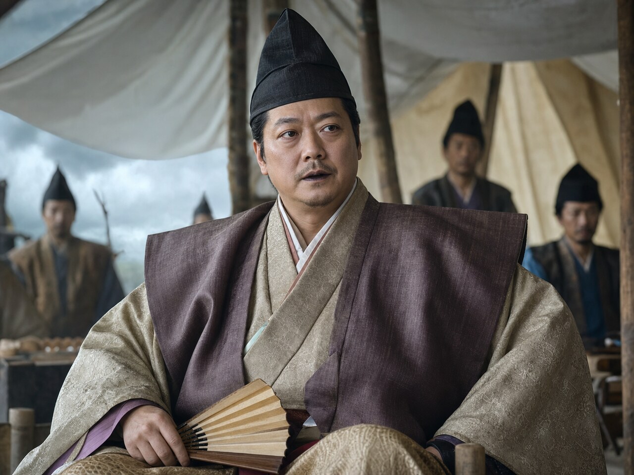 田楽狭間の陣幕内で扇を手にして家臣を見つめる、四十二歳の今川義元の実写調イメージ（AI生成イメージ）