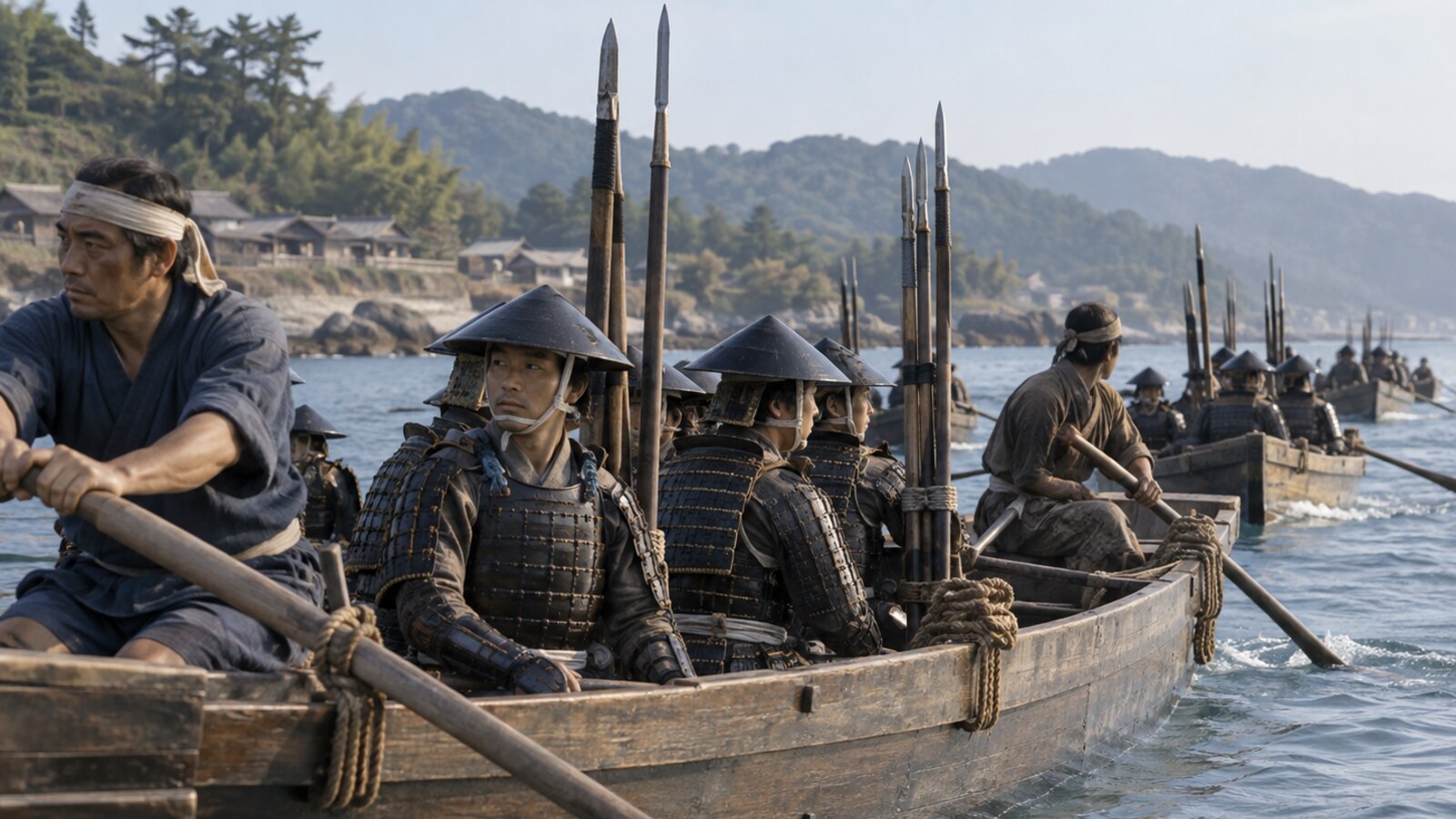 島原への援軍の渡海を題材にした、船上の兵士たちの想像図。特定の船や人物の復元ではない（AI生成）
