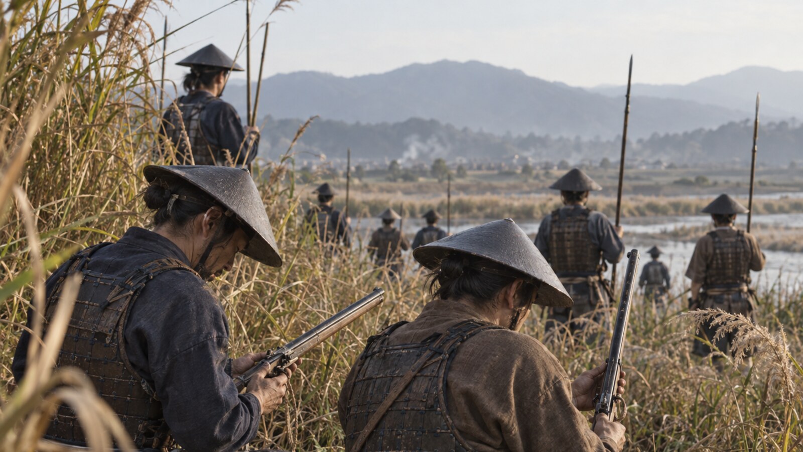 戦国後期の火縄銃を扱う兵士の想像図。沖田畷での射撃位置や装備の実物を復元したものではない（AI生成）