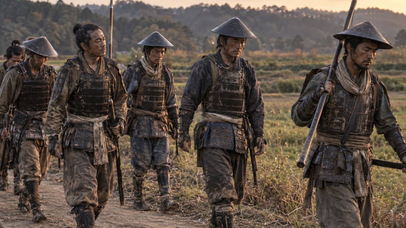 戦場を離れて歩く兵士たちを題材にした想像図。特定人物の退却経路を再現したものではない（AI生成）
