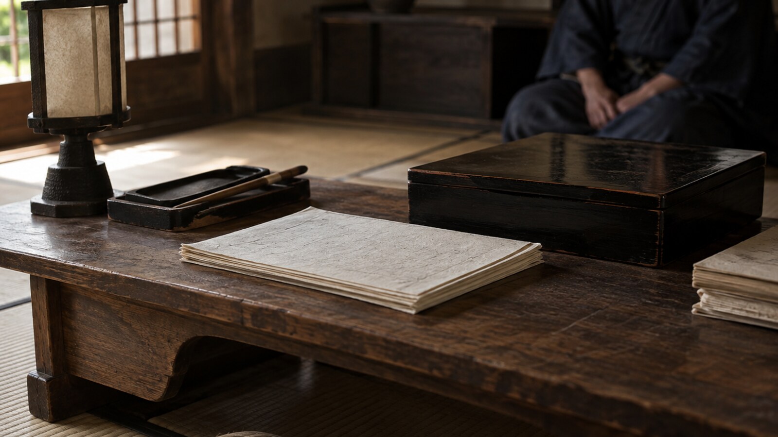 戦後の領国運営を題材にした文箱と書状の想像図。特定の古文書の複製ではない（AI生成）