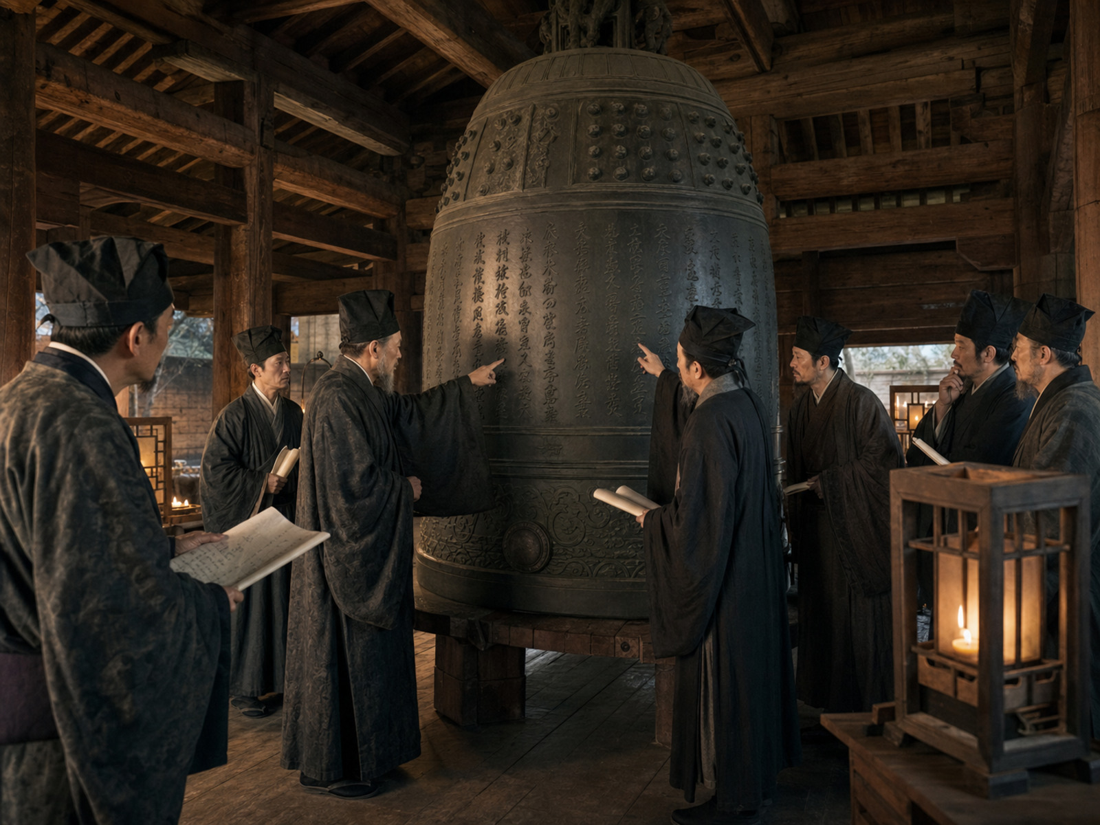 方広寺の梵鐘に刻まれた鐘銘の因縁が徳川出陣の口実へ転化する情景の実写調イメージ