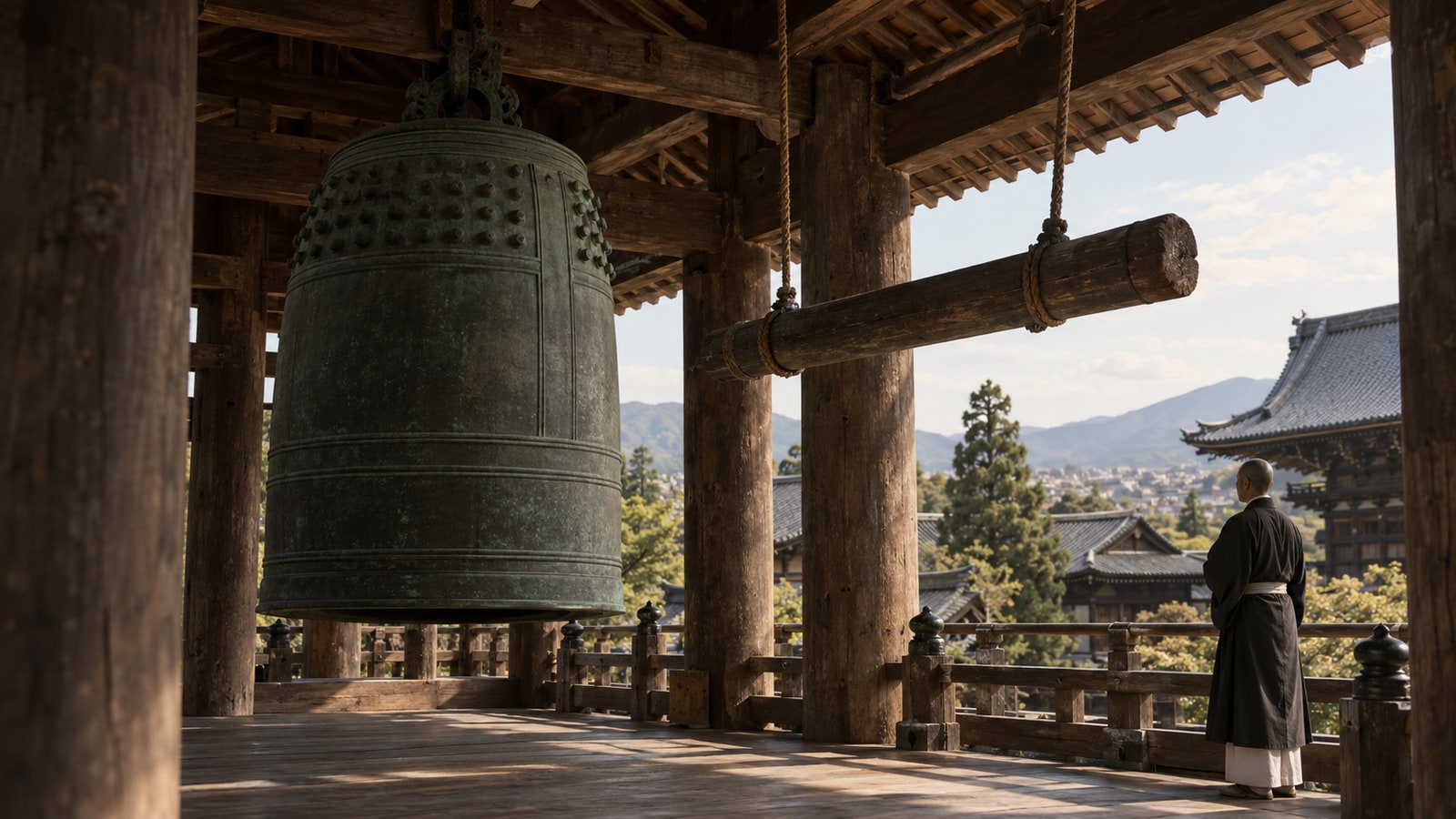 京都の寺院の鐘楼に掛かる大きな梵鐘を描いた想像図。銘文そのものの再現ではない(AI生成)